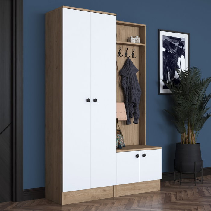 Hanah Home P6 - M5 - 2423 Recibidor con Perchero Blanco y Nogal 119.6x182.8x35.5 cm
